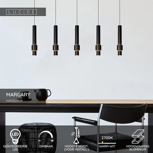 Lucide MARGARY - Hanglamp - LED Dimb. - 5x4,2W 2700K - Zwart - USP